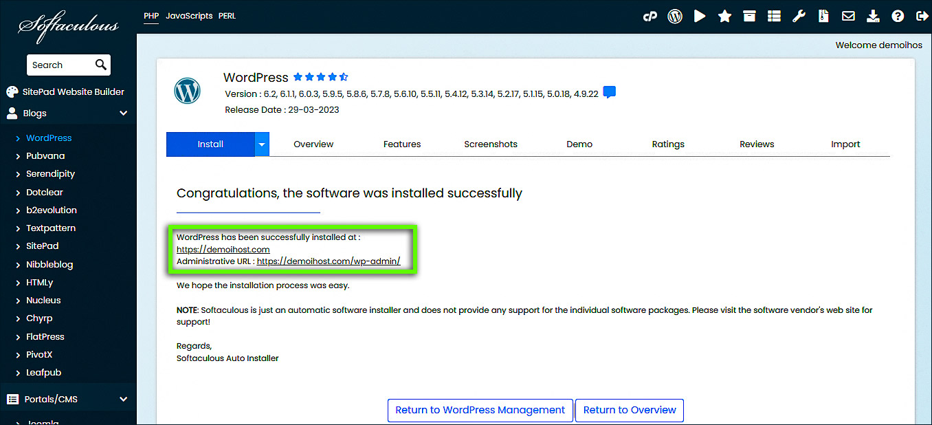 Instalar mensaje exitoso