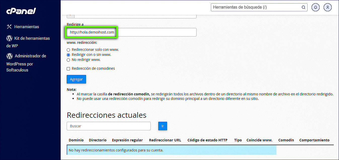 Url de la página a dirigir