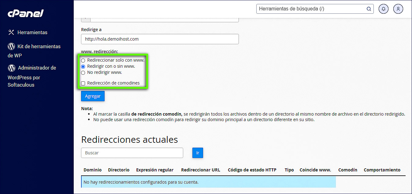 opciones de redirección
