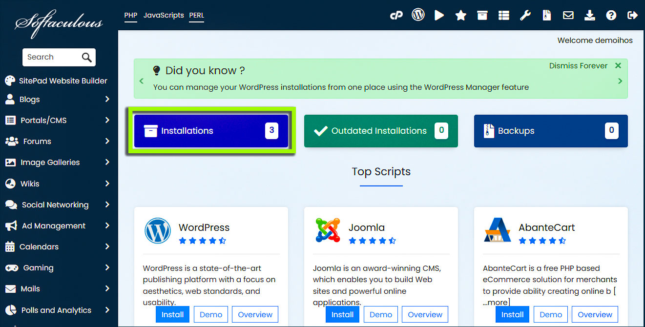 Caja de instalaciones de Softaculous