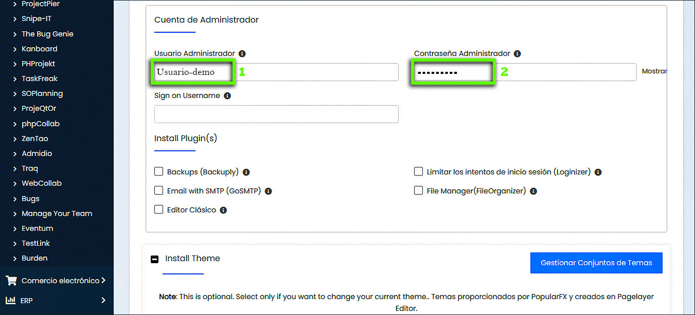Softaculous - Cuenta de administrador