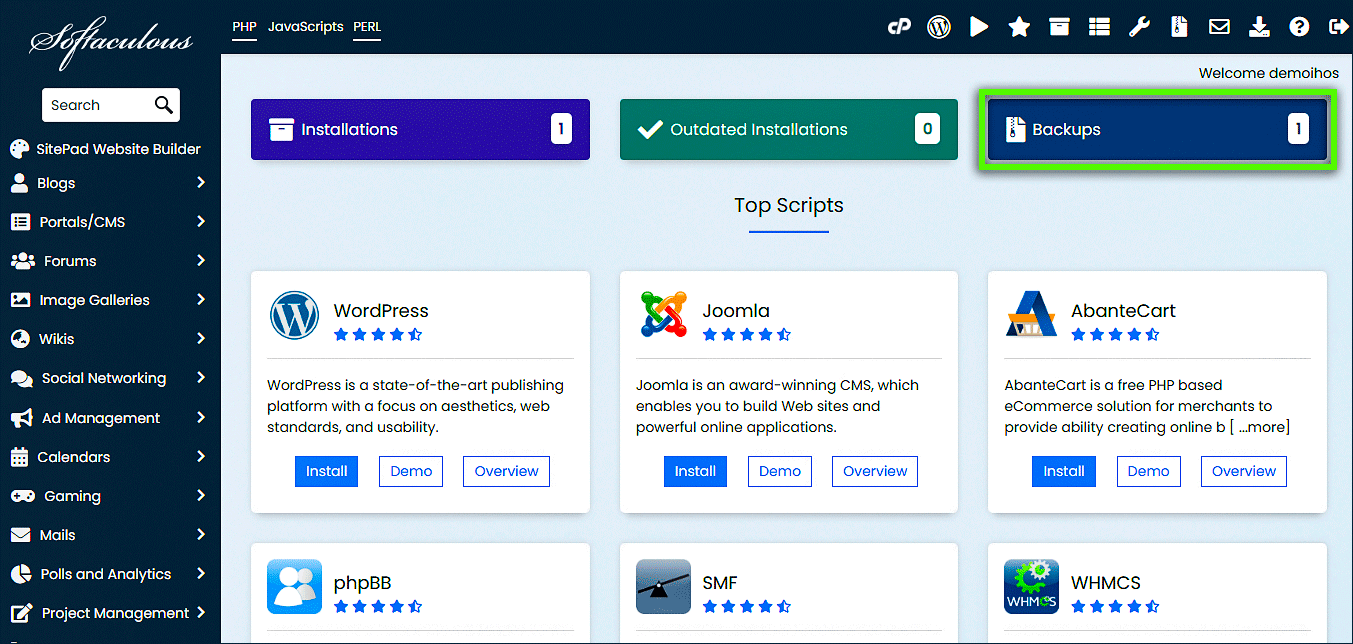 Instalador de aplicaciones Softaculous - Icono de copias de seguridad