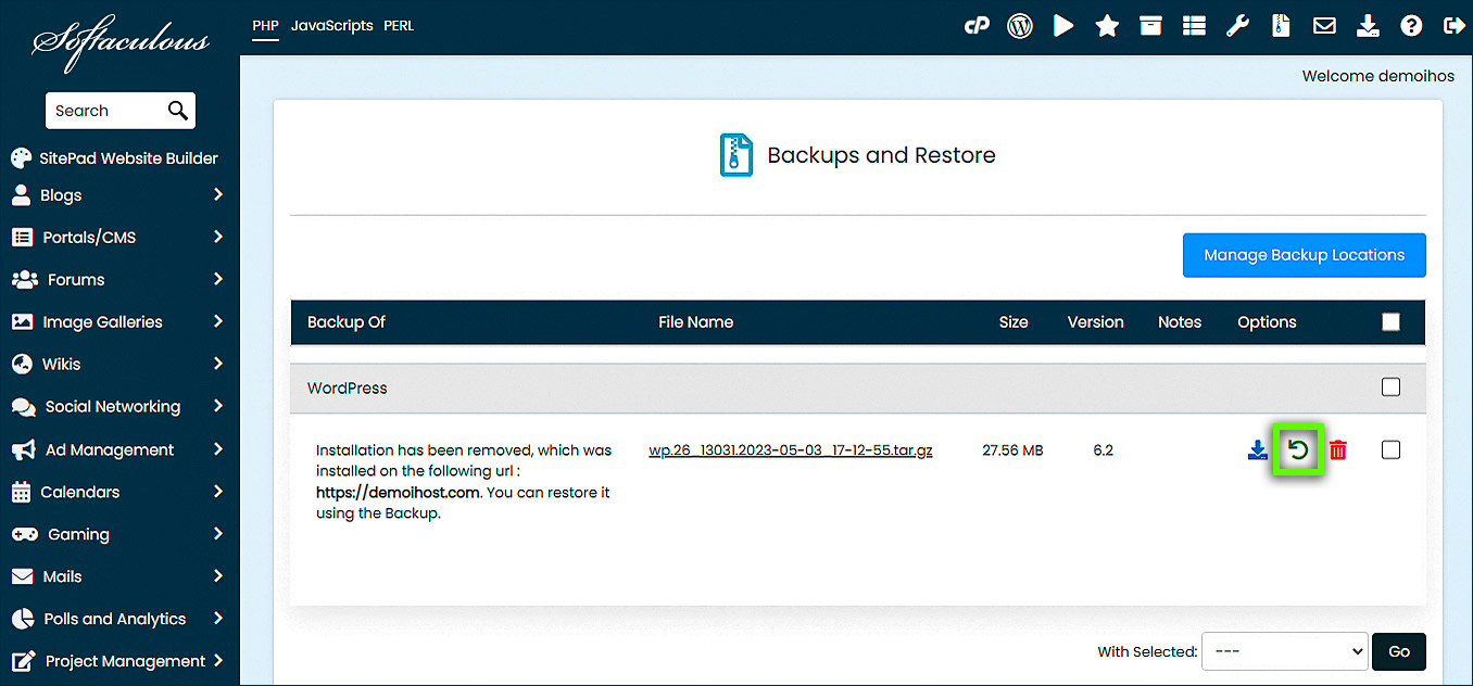 Instalador de aplicaciones Softaculous - Restaurar icono de copia de seguridad