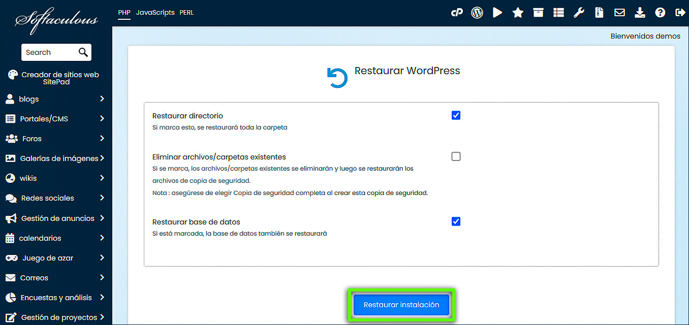 Instalador de aplicaciones Softaculous - Restaurar opciones de copia de seguridad