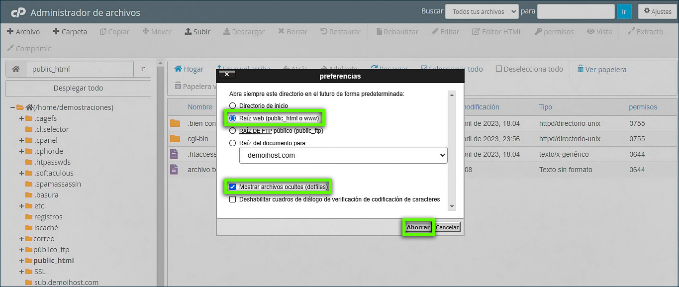 cPanel - Mostrar archivos ocultos