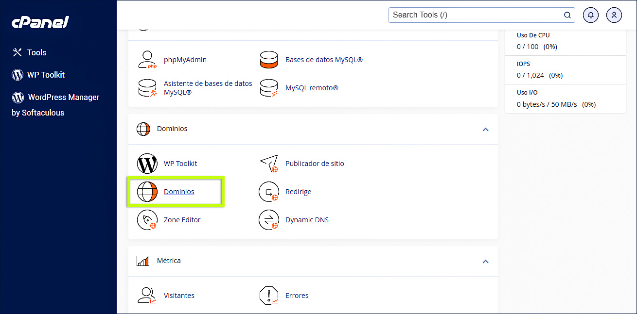 Apartado de Dominios Cpanel