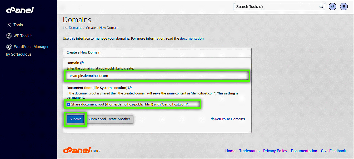 Escribir nombre del subdominio