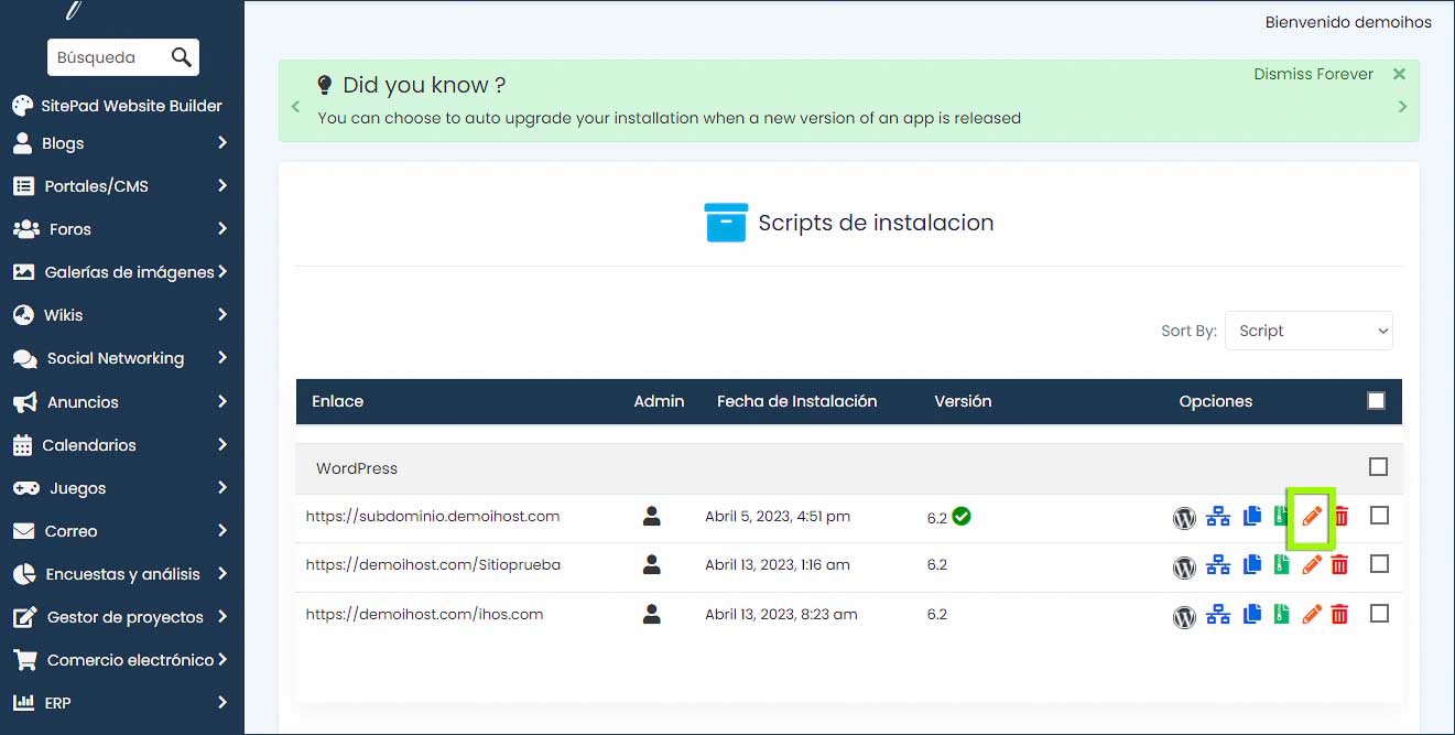 Lista de instalaciones de softaculous