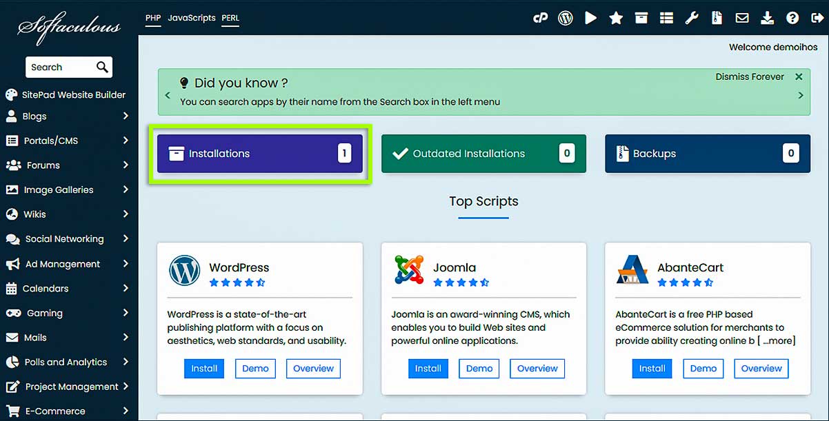 Caja de instalación Softaculous