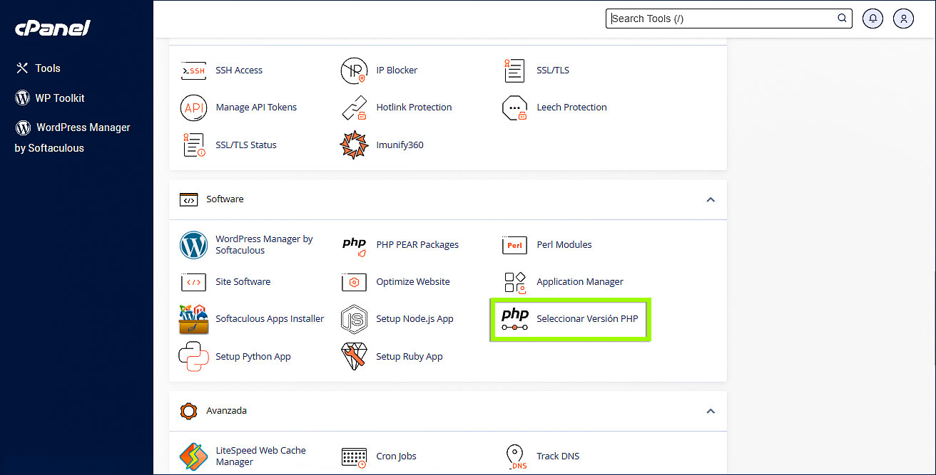 Seleccionar versión de PHP