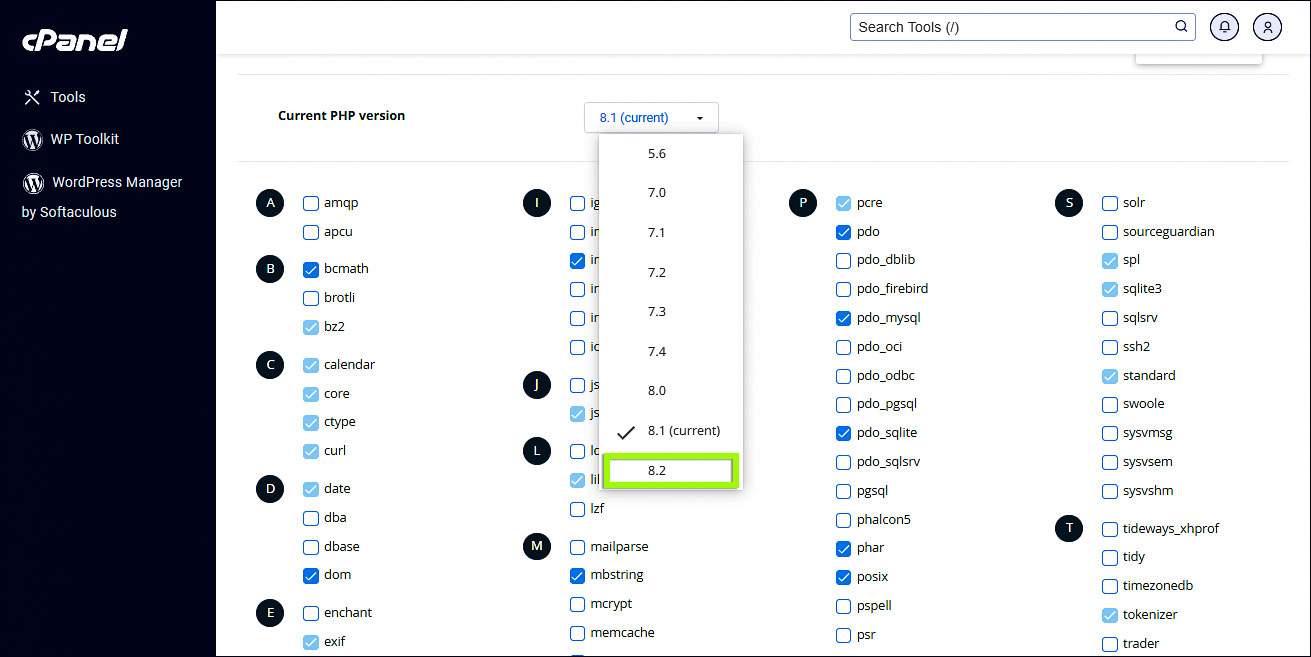 Seleccionar versión de PHP