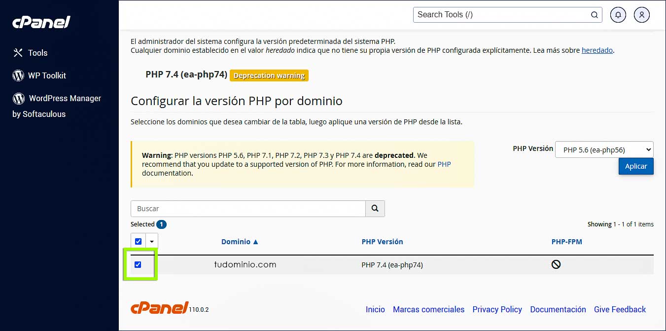 Administrador de MultiPHP Seleccionar dominio
