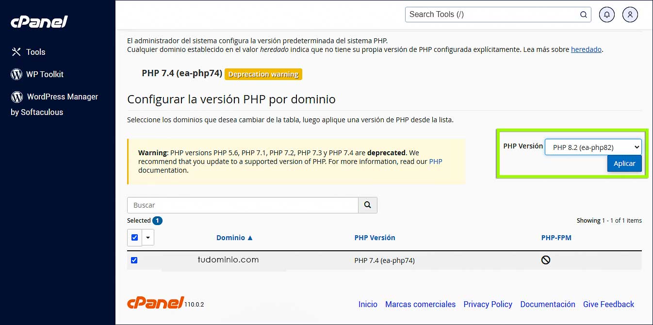 MultiPHP Manager Seleccione la versión de PHP
