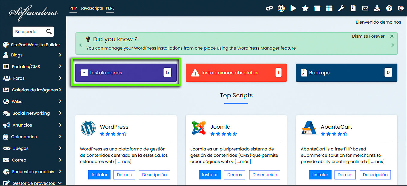 cPanel - Instalador de aplicaciones Softaculous - Instalaciones