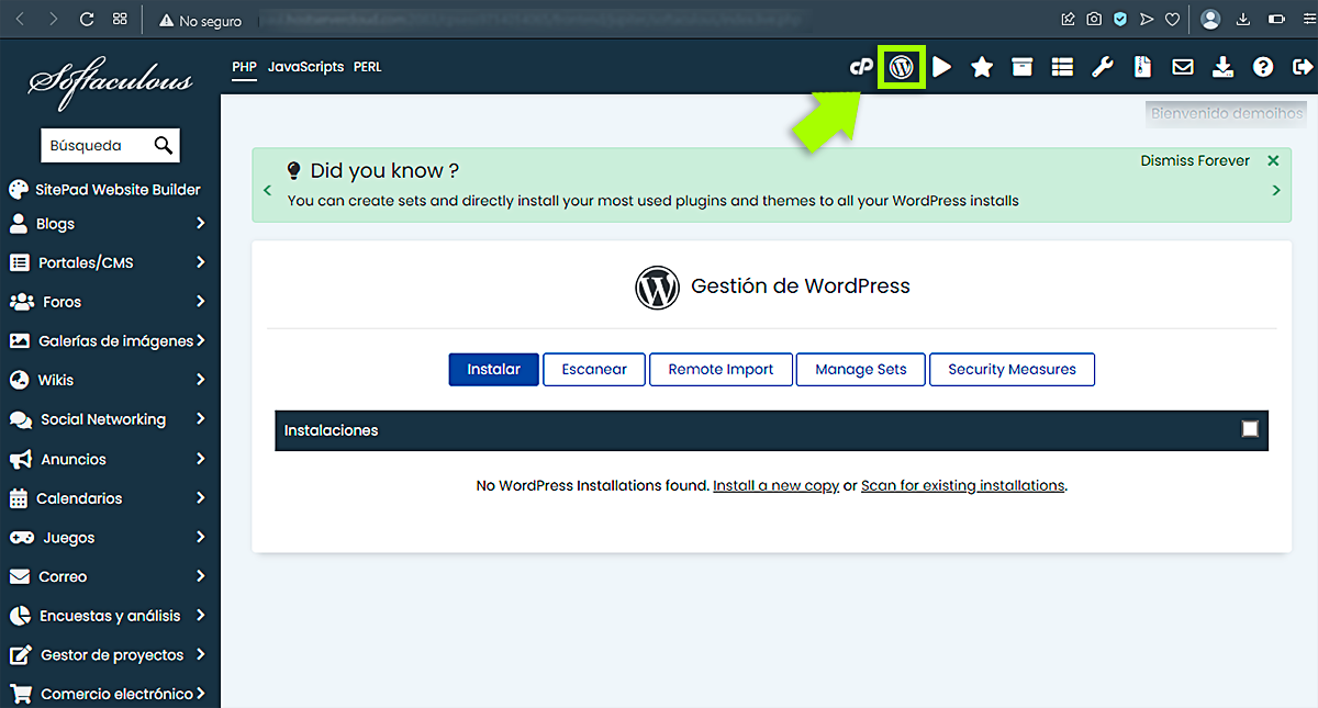 Softaculous - Administrador de WordPress en el menú superior
