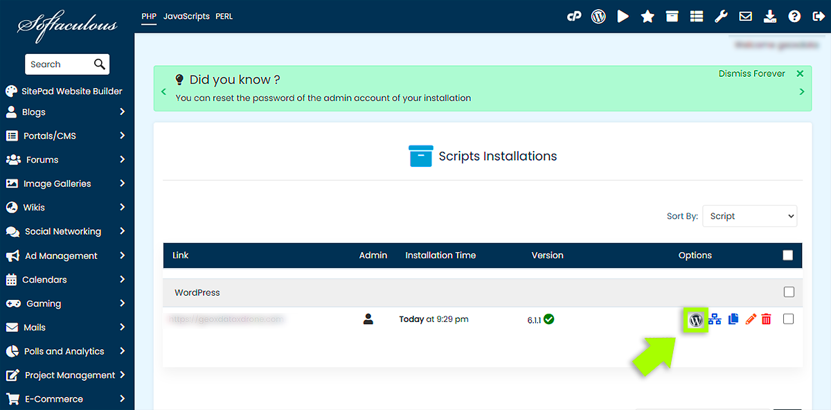 Softaculous - Todas las instalaciones - Icono del administrador de WordPress