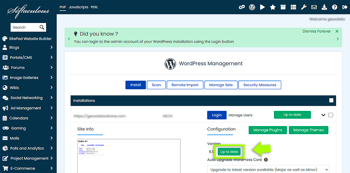 Administrador de WordPress - Actualización de versión