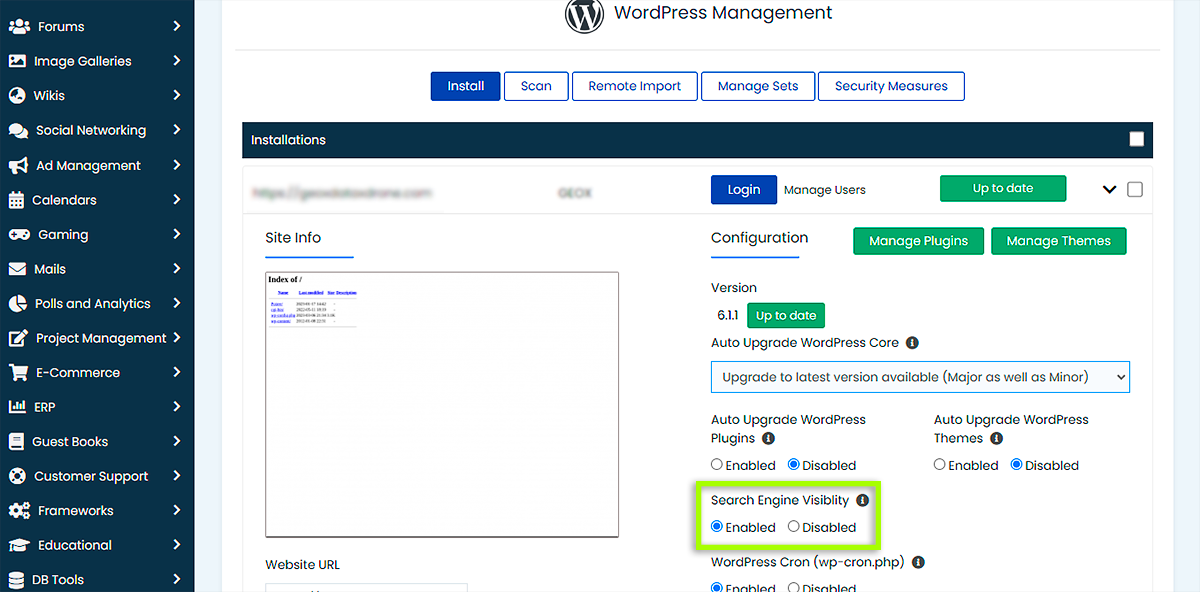 Administrador de WordPress - Visibilidad del motor de búsqueda