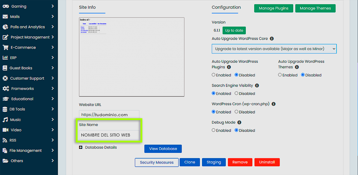 Administrador de WordPress - Cambiar el nombre del sitio