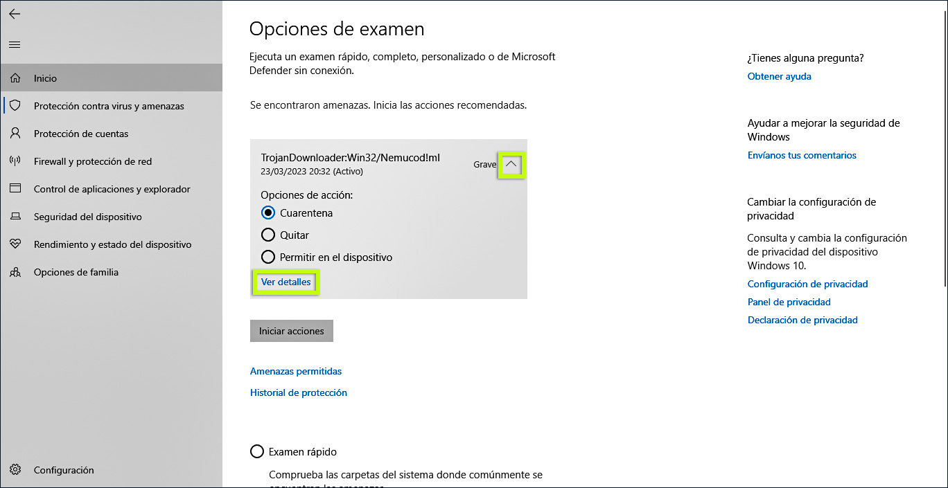 Ver detalles de virus