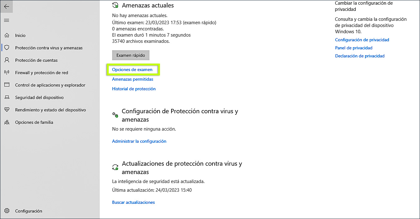 Opciones de examen