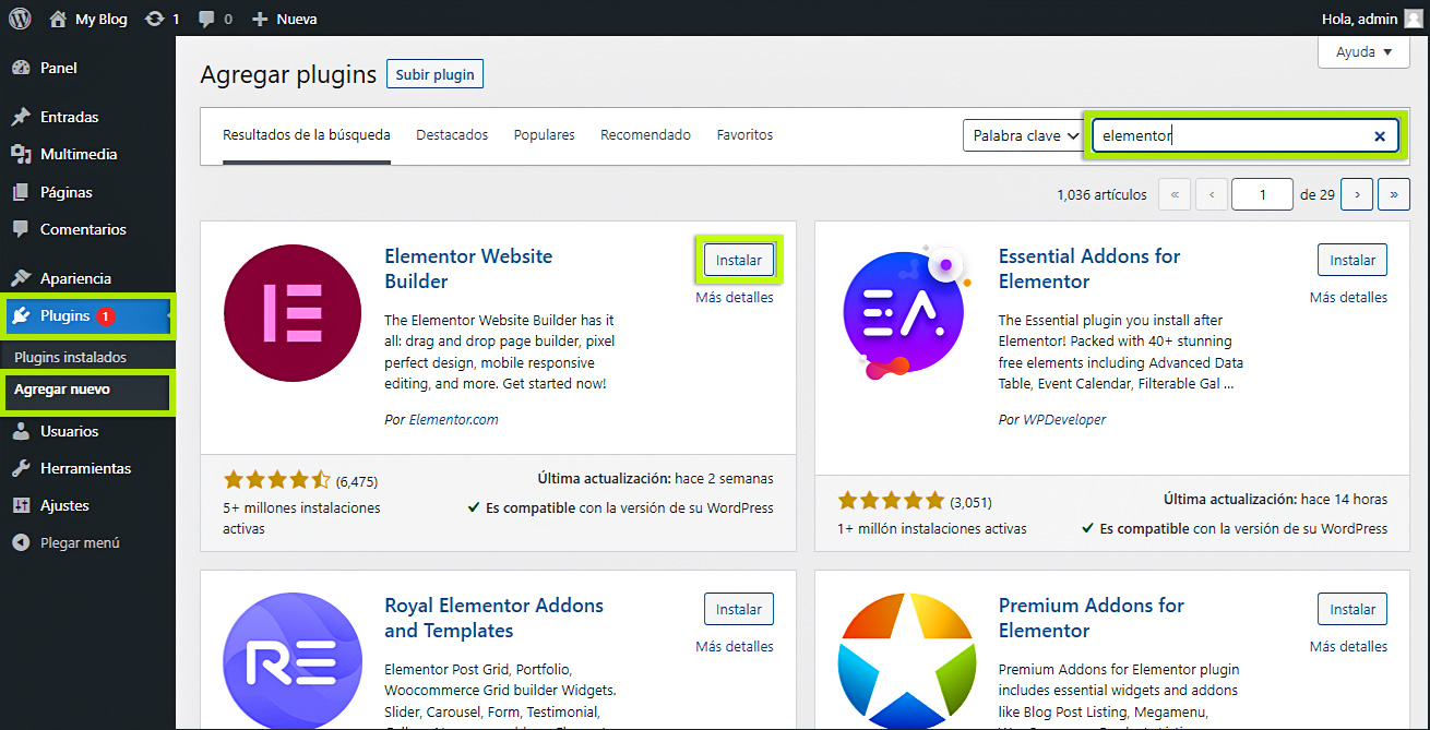 Instalar elementor