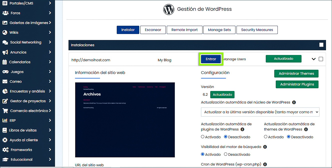Botón de Entrar a wordpress